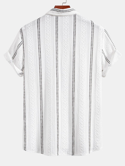 Geometric Striped Jacquard Button Up Shirt & Crinkle Textured Straight Leg Pants